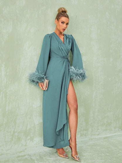 Surplice V Neck Long Sleeve Feather Cuff Wrap High Slit Maxi Dress