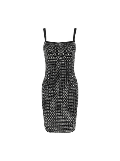 Spaghetti Strap Square Neck Rhinestone Crystal Grid Bandage Mini Dress