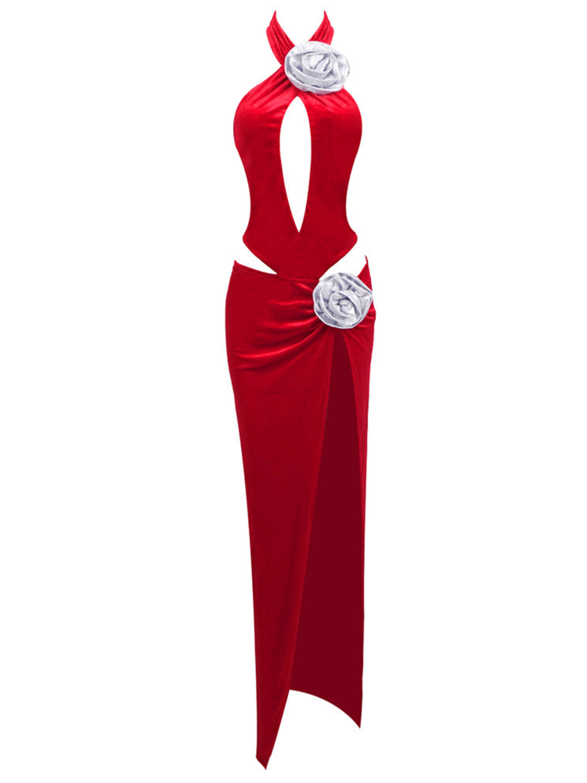Halter Keyhole Plunge 3D Floral Rosette Waist Cutout High Slit Maxi Gown
