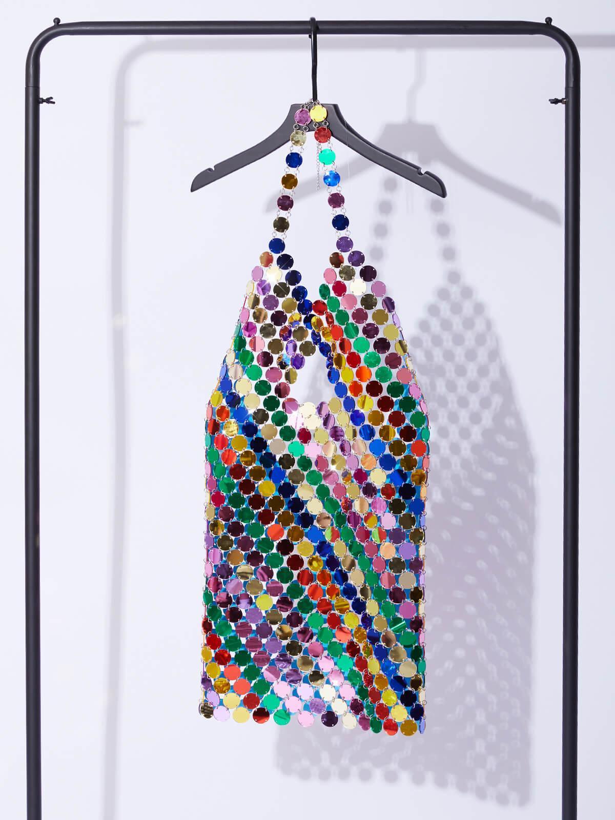 Halter Deep V Disc Paillette Cutout Chainmail Mini Dress