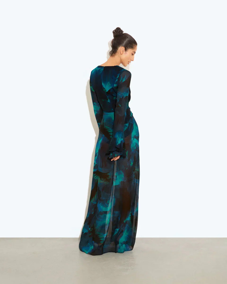 Deep V-Neck Button Front Tie Waist Bell Cuff Ruffle Maxi Dress