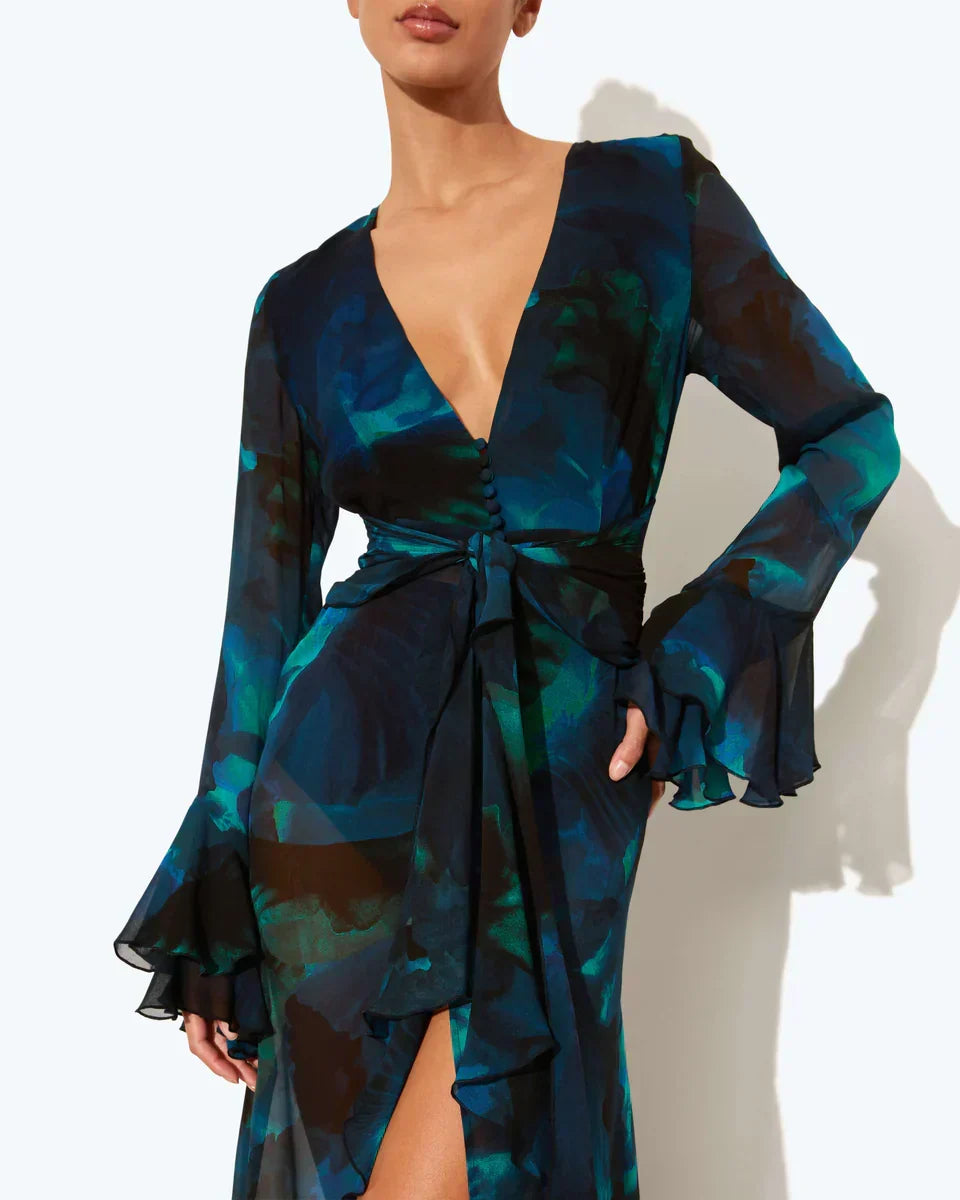 Deep V-Neck Button Front Tie Waist Bell Cuff Ruffle Maxi Dress