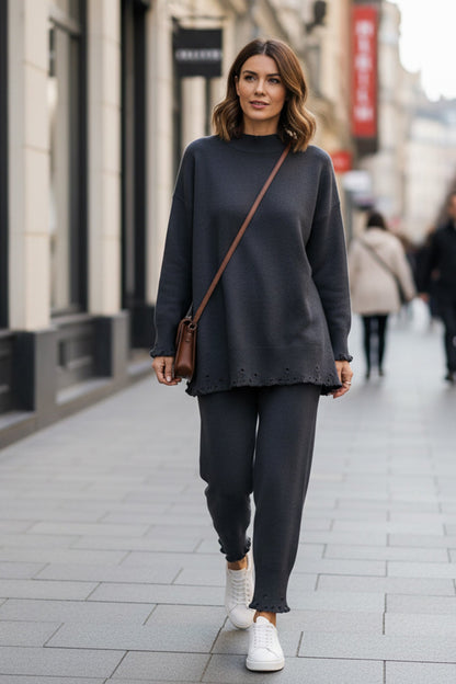 Raw Edge Crew Neck Sweater Set