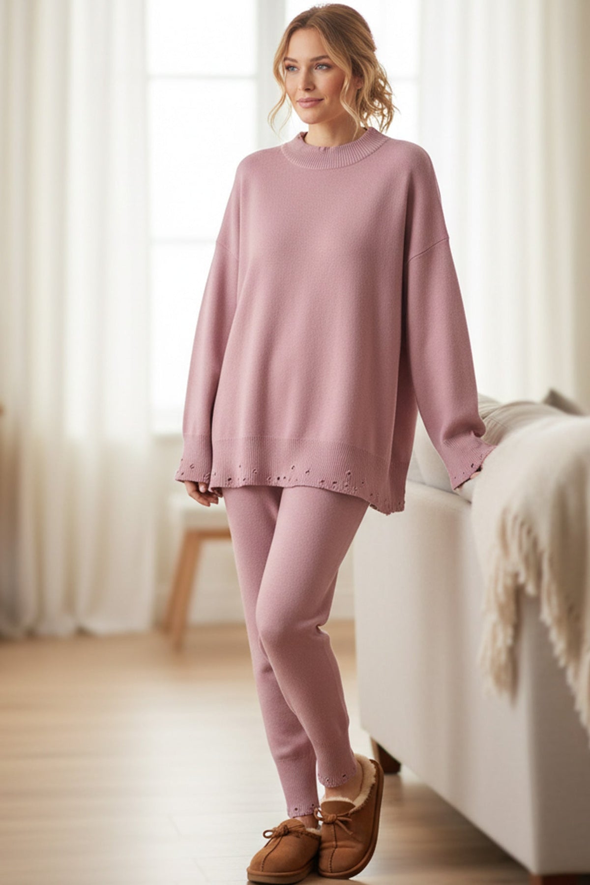 Raw Edge Crew Neck Sweater Set