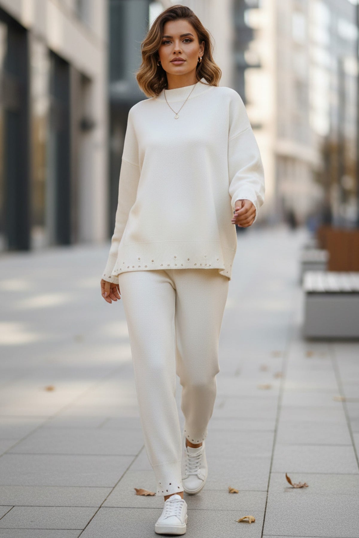 Raw Edge Crew Neck Sweater Set