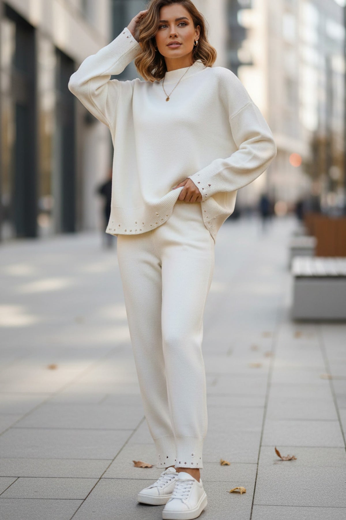 Raw Edge Crew Neck Sweater Set