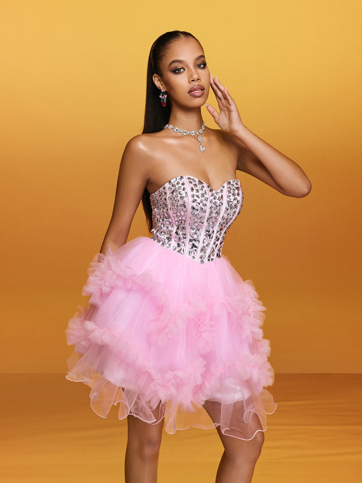 Strapless Rhinestone Corset Tiered Tulle Cupcake Mini Dress