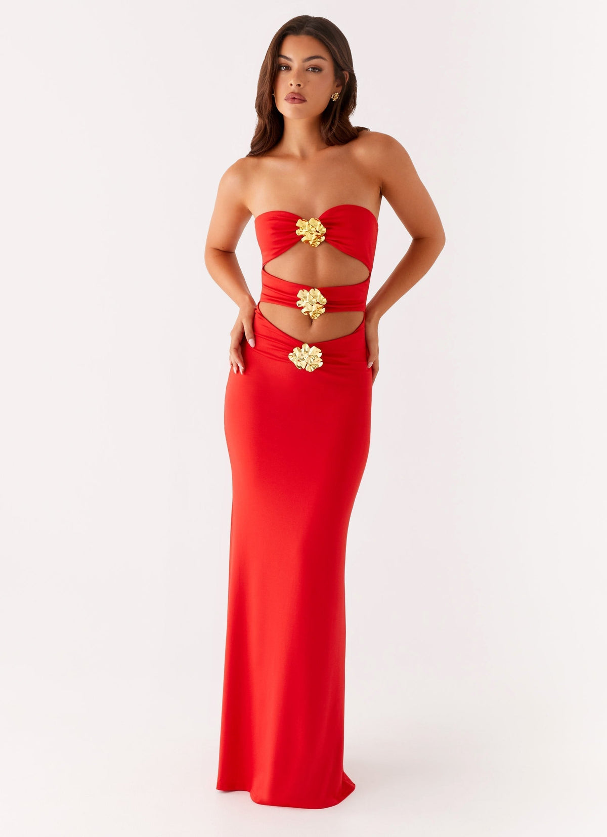 Strapless Bandeau Floral Applique Horizontal Cutout Bodycon Maxi Dress