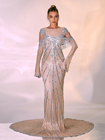 Cold Shoulder Beaded Fringe Radiating Sequin Circular Train Maxi Gown