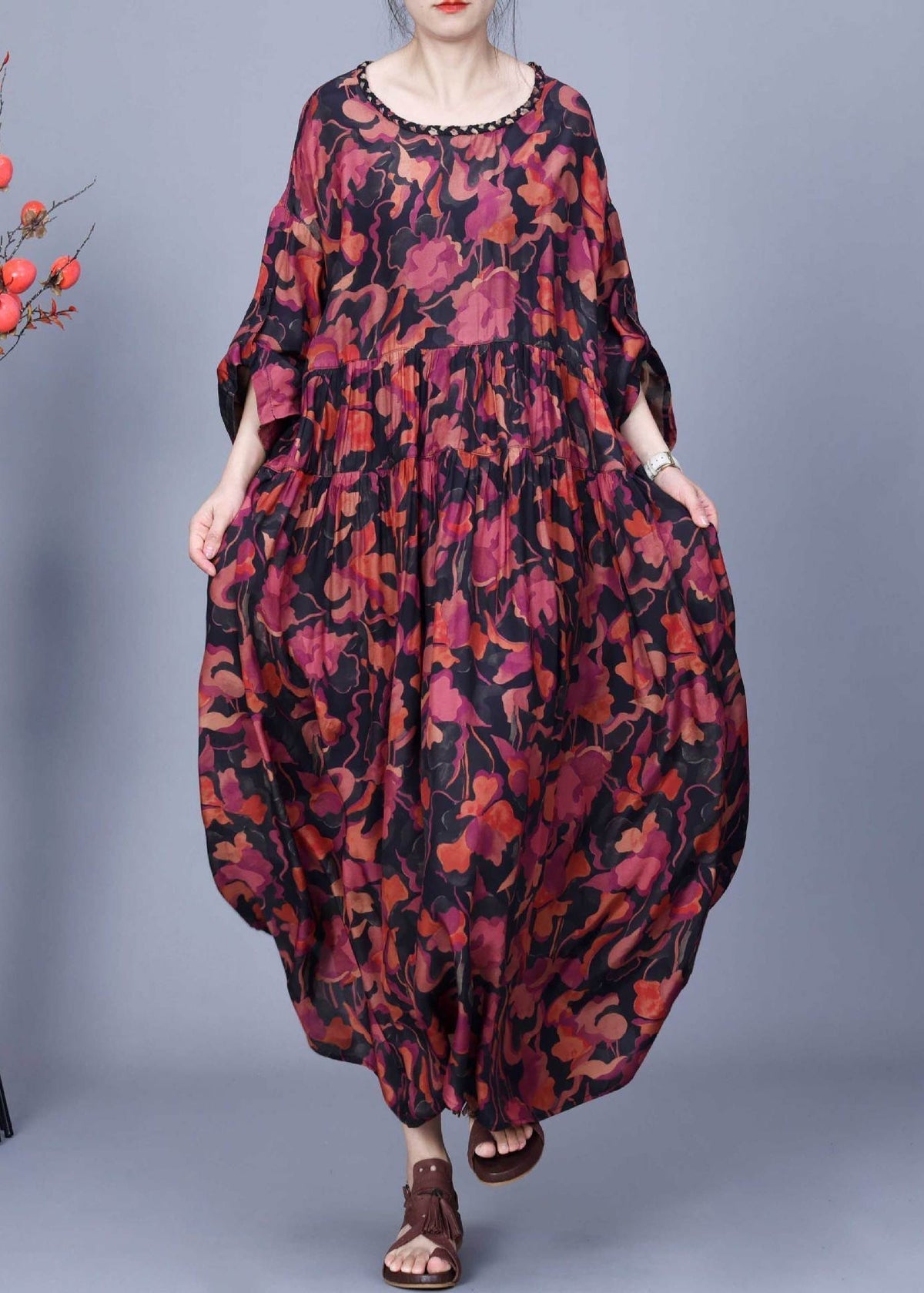 Abstract Floral Print Cocoon Tiered Maxi Dress