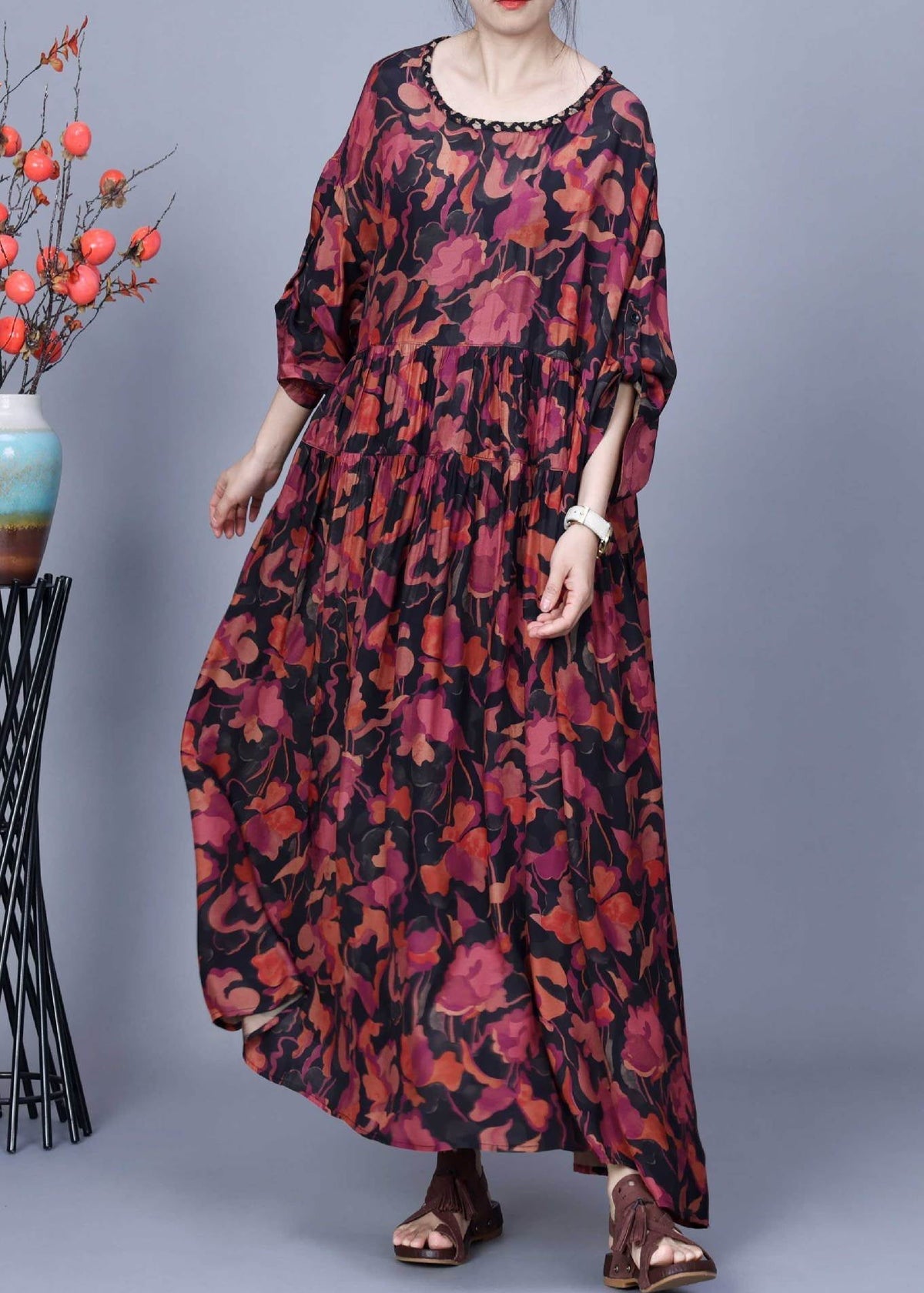 Abstract Floral Print Cocoon Tiered Maxi Dress