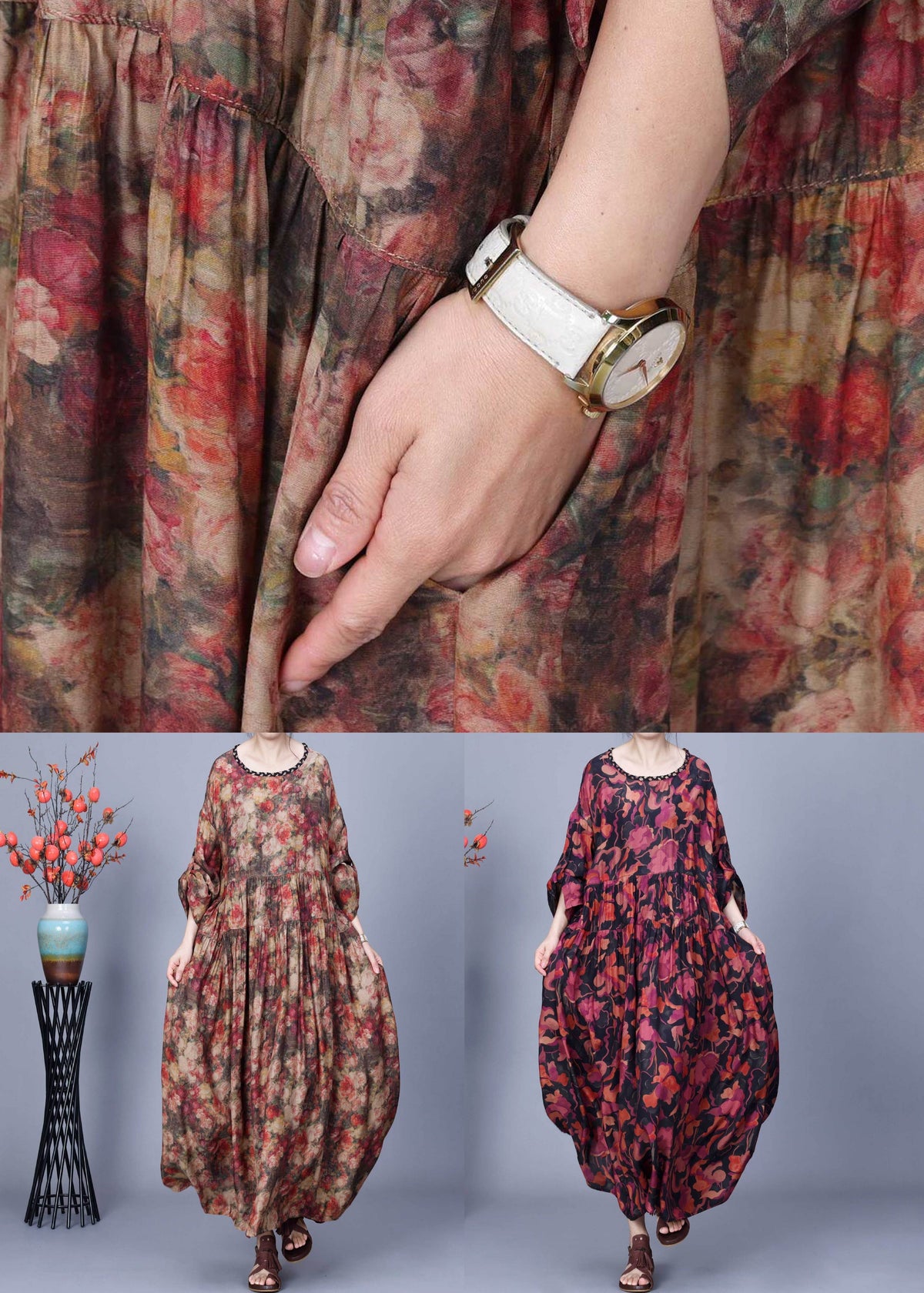 Abstract Floral Print Cocoon Tiered Maxi Dress