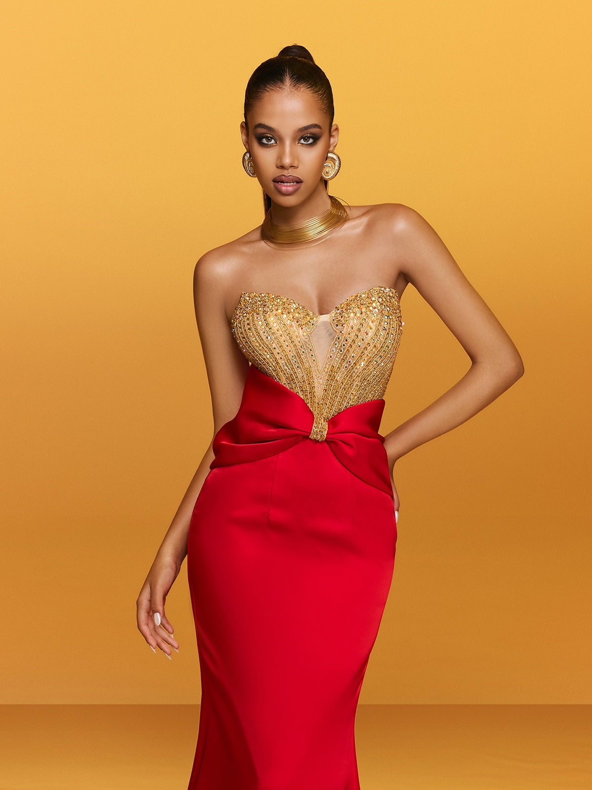 Strapless Bow Satin Column Maxi Gown