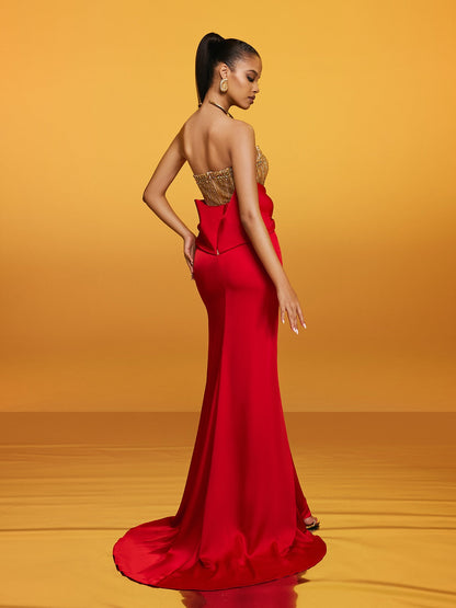 Strapless Bow Satin Column Maxi Gown