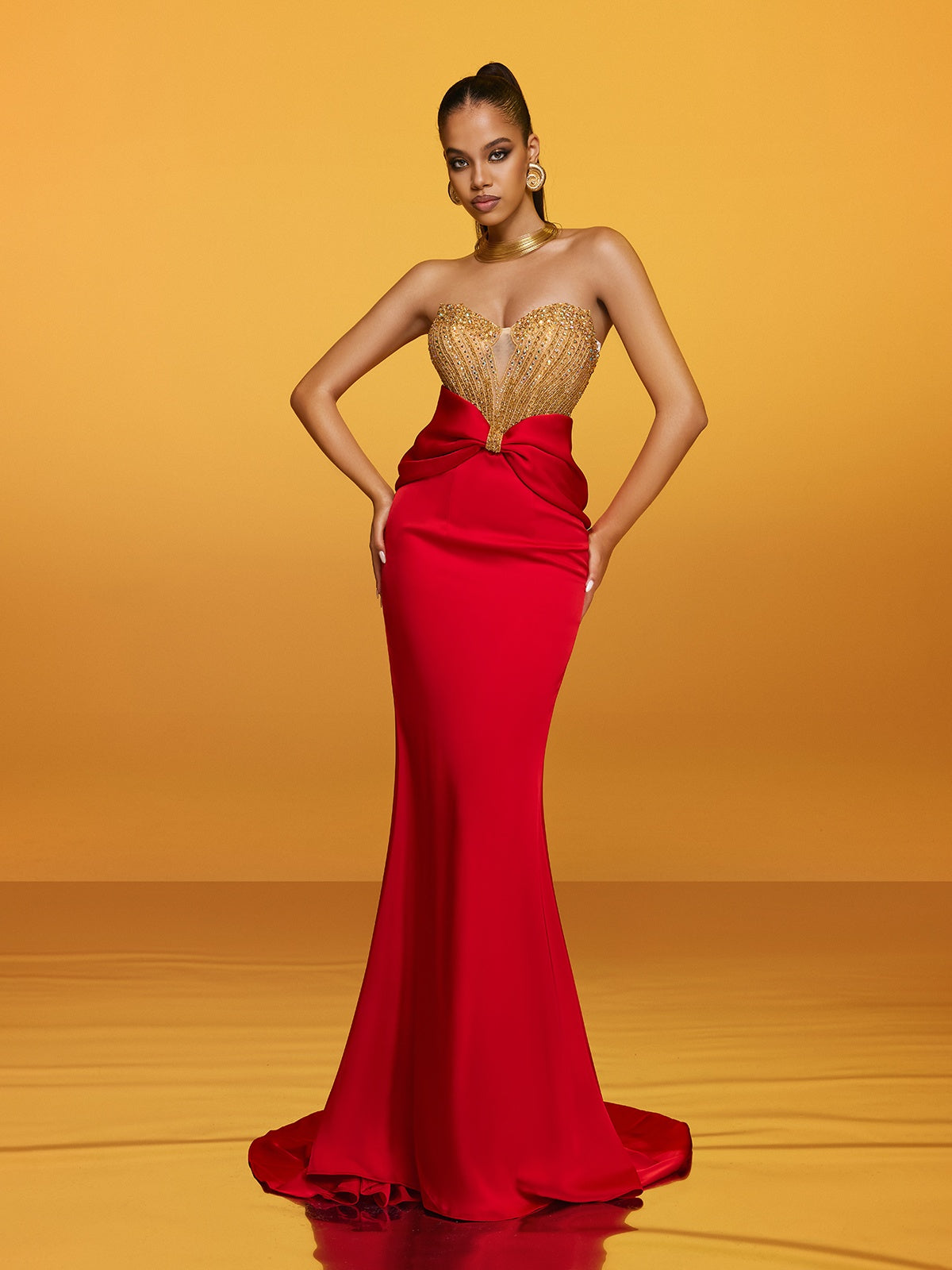 Strapless Bow Satin Column Maxi Gown