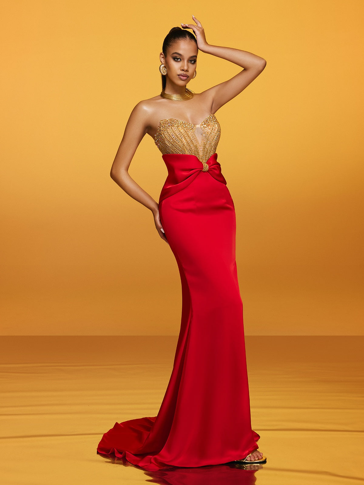 Strapless Bow Satin Column Maxi Gown