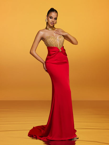 Strapless Bow Satin Column Maxi Gown