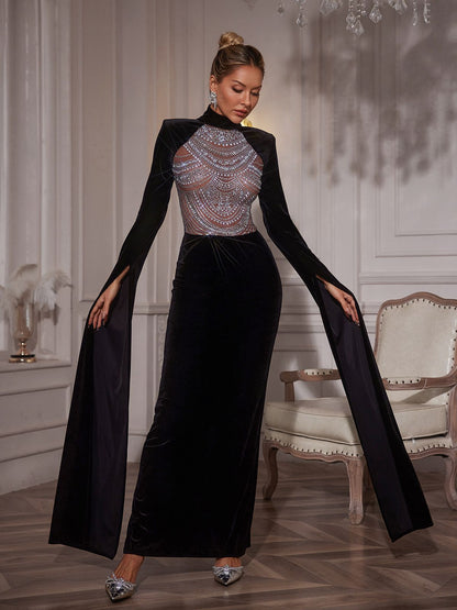 Rhinestone Velvet Column Maxi Gown