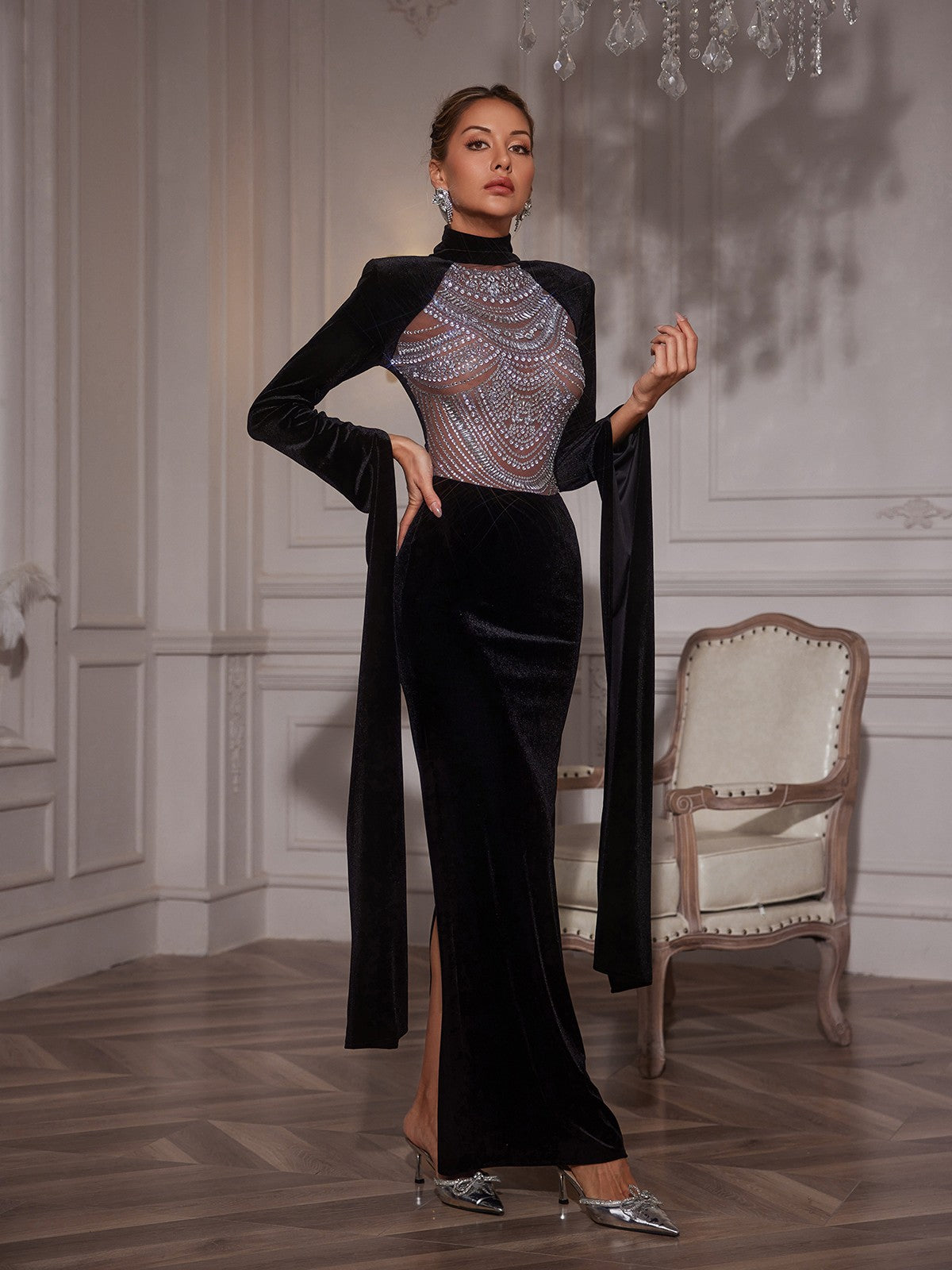 Rhinestone Velvet Column Maxi Gown