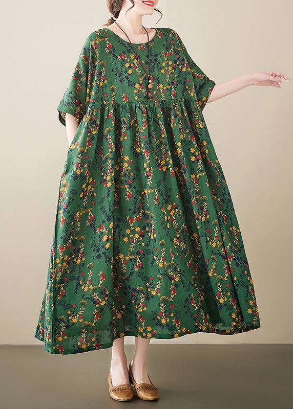 Floral Print Empire Waist Pocket Short Sleeve Linen Maxi Dress