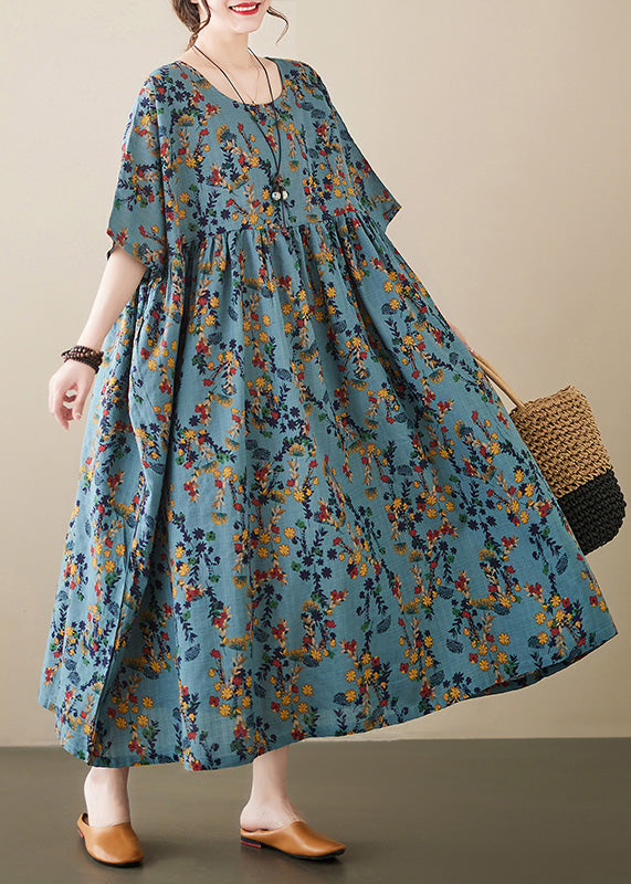 Floral Print Empire Waist Pocket Short Sleeve Linen Maxi Dress