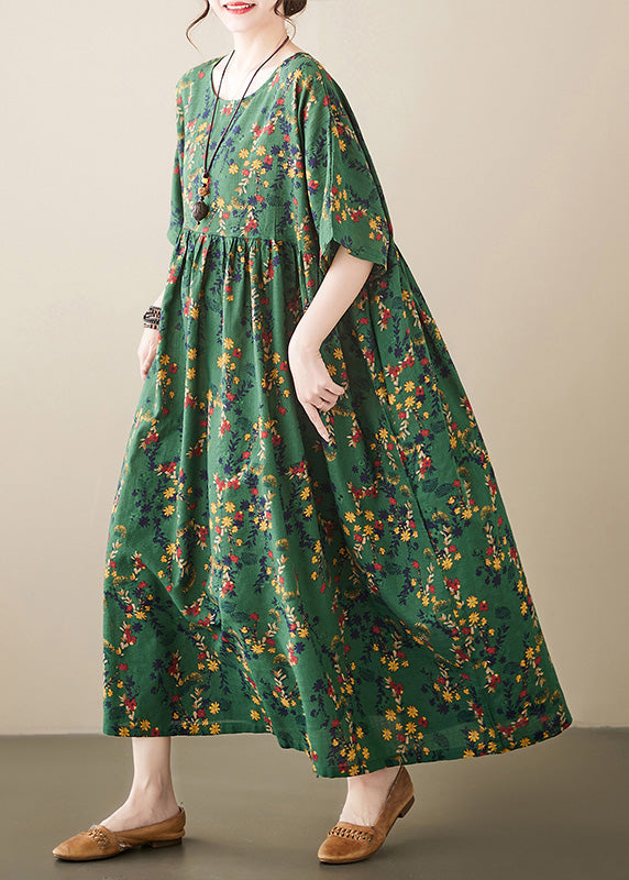 Floral Print Empire Waist Pocket Short Sleeve Linen Maxi Dress