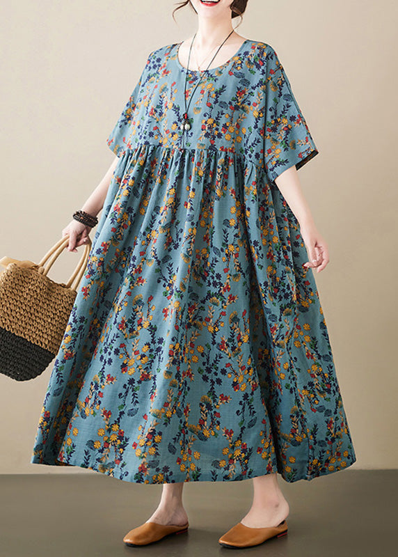 Floral Print Empire Waist Pocket Short Sleeve Linen Maxi Dress
