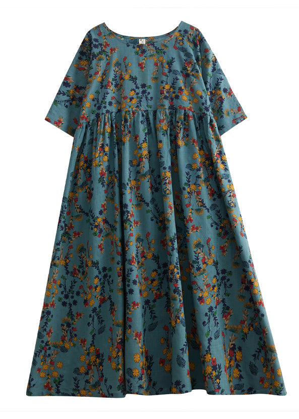 Floral Print Empire Waist Pocket Short Sleeve Linen Maxi Dress