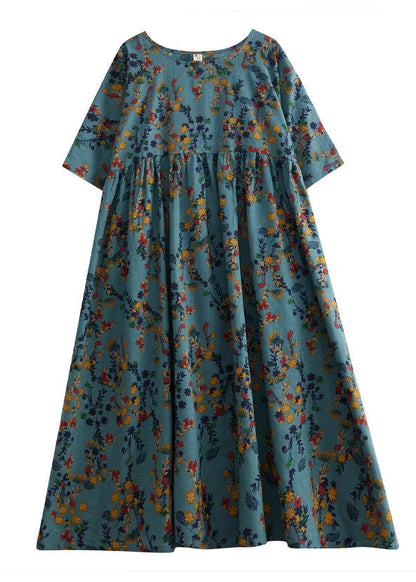 Floral Print Empire Waist Pocket Short Sleeve Linen Maxi Dress