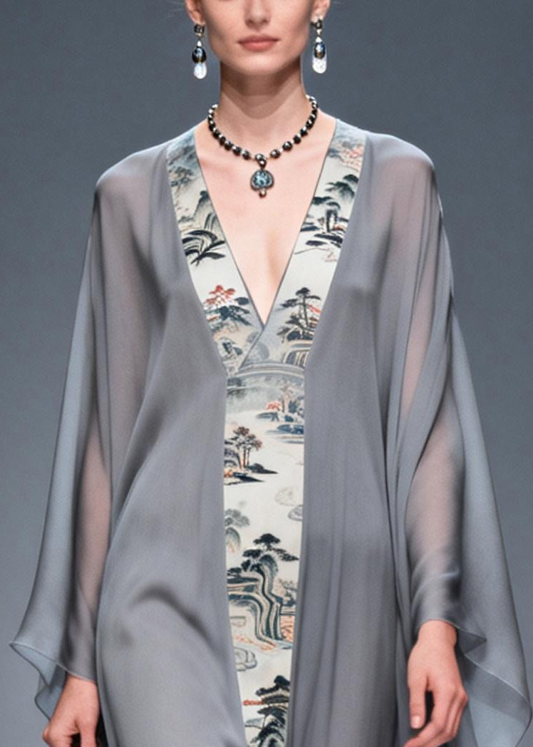 Landscape Print Deep V-Neck Column Maxi Dress with Sheer Cape Sleeve Overlay