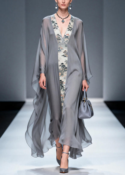 Landscape Print Deep V-Neck Column Maxi Dress with Sheer Cape Sleeve Overlay