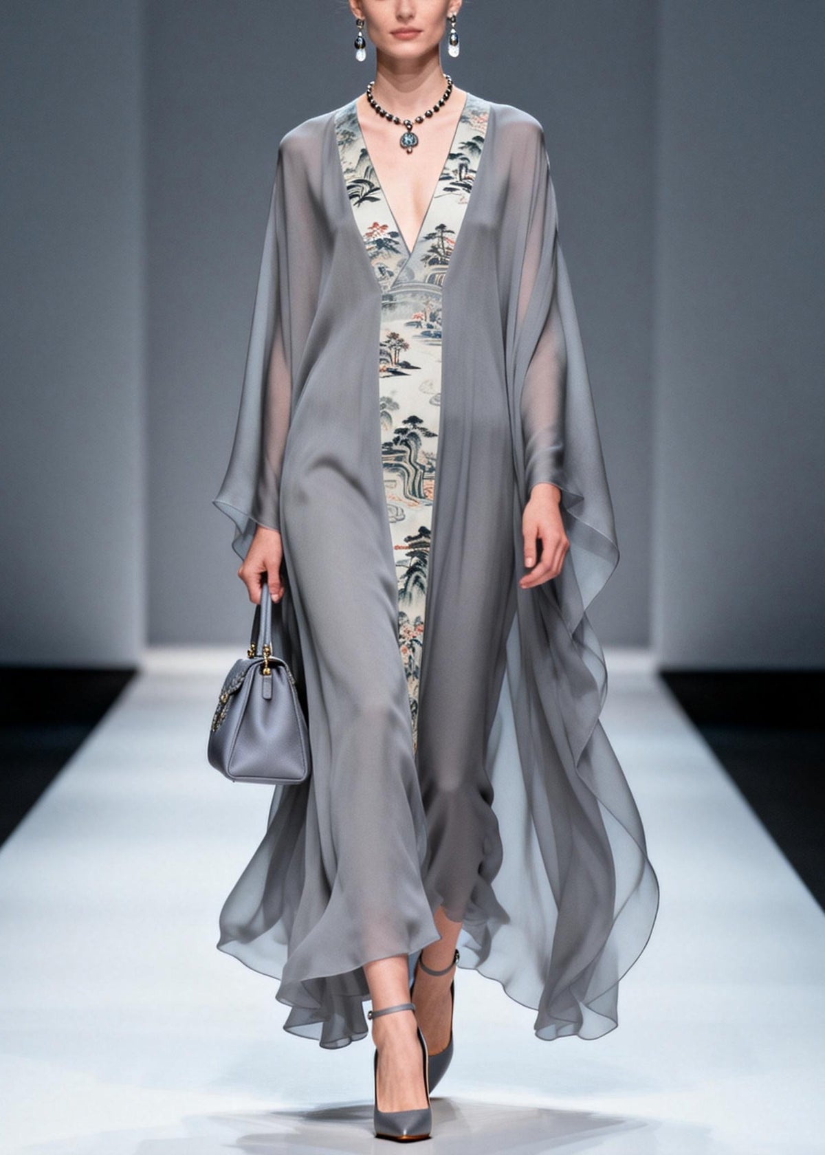 Landscape Print Deep V-Neck Column Maxi Dress with Sheer Cape Sleeve Overlay