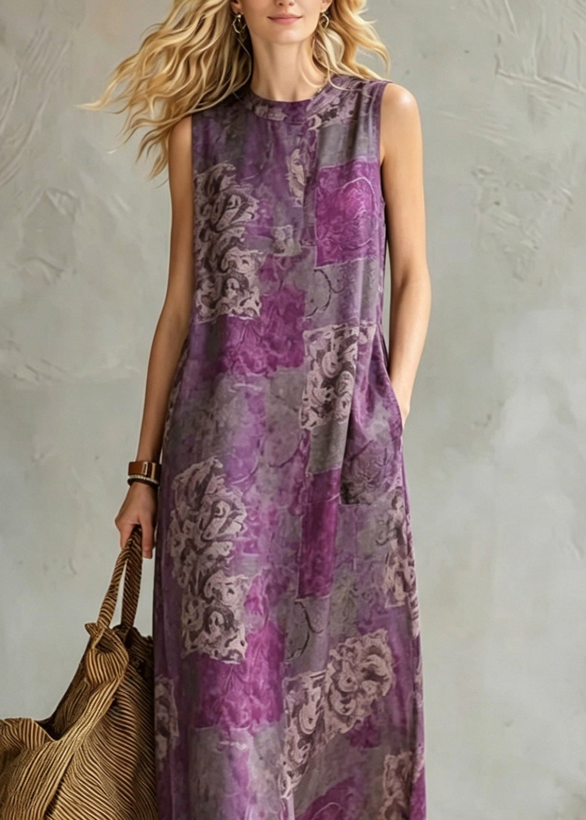 Abstract Collage Print Pocket Detail Sleeveless Maxi Dress