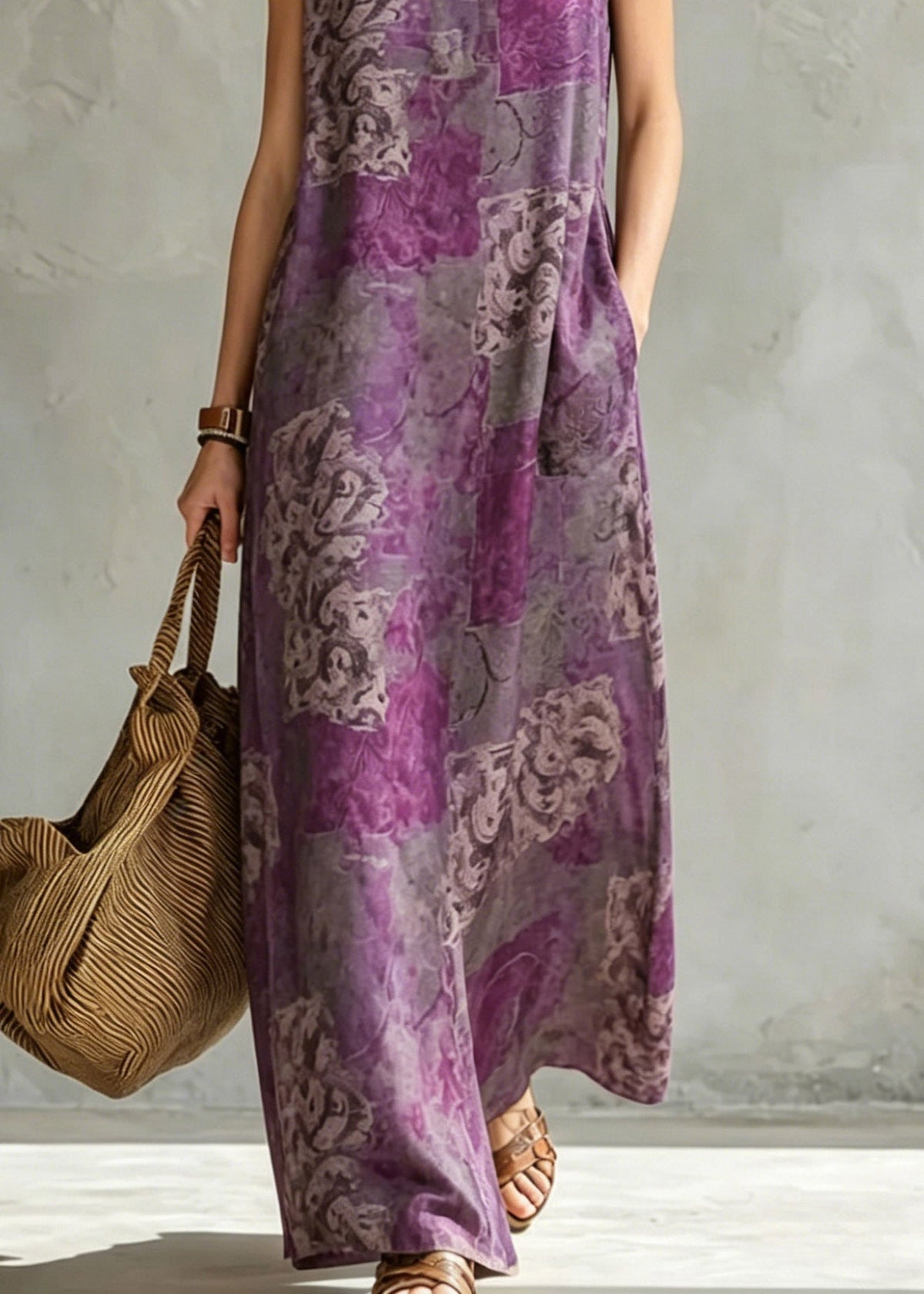 Abstract Collage Print Pocket Detail Sleeveless Maxi Dress