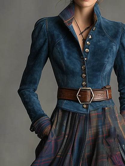 High Collar Button Front Plaid Pleated Maxi Skirt Set