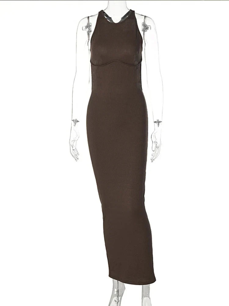 Sleeveless Mock Neck Ribbed Knit Back Cutout Bodycon Maxi Dress