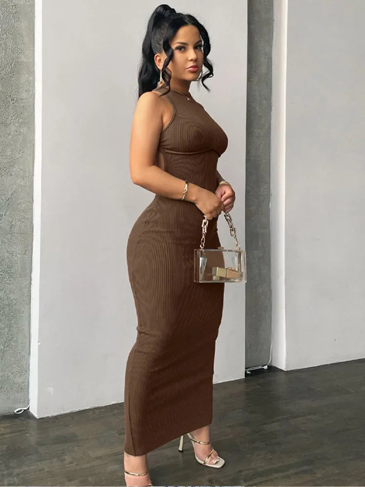 Sleeveless Mock Neck Ribbed Knit Back Cutout Bodycon Maxi Dress