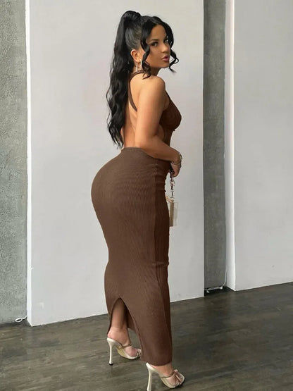 Sleeveless Mock Neck Ribbed Knit Back Cutout Bodycon Maxi Dress