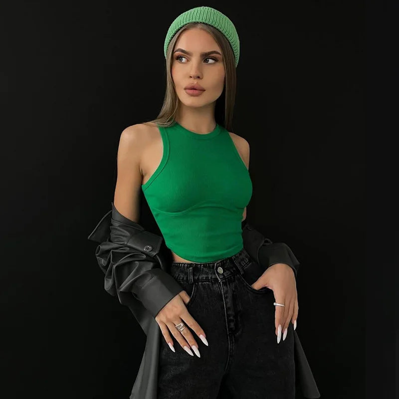 Ribbed Solid Women Skinny O-Neck Sleeveless Body-Shaping All-Matching Vest Female Streetwear Clothing Tank top