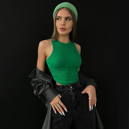 Ribbed Solid Women Skinny O-Neck Sleeveless Body-Shaping All-Matching Vest Female Streetwear Clothing Tank top