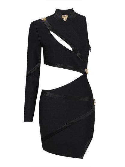 One Sleeve Mock Neck Asymmetric Cutout Satin Trim Bandage Mini Dress