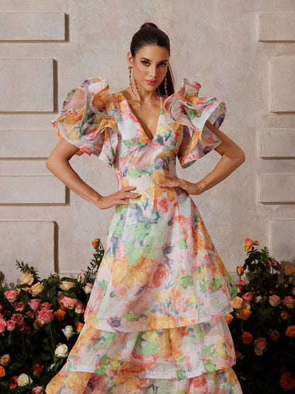 Deep V Floral Print Tiered Maxi Dress