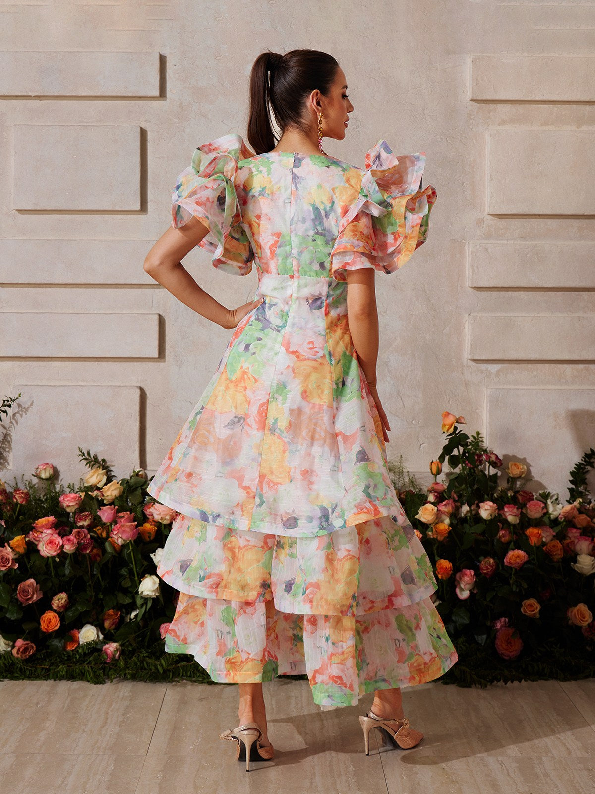 Deep V Floral Print Tiered Maxi Dress