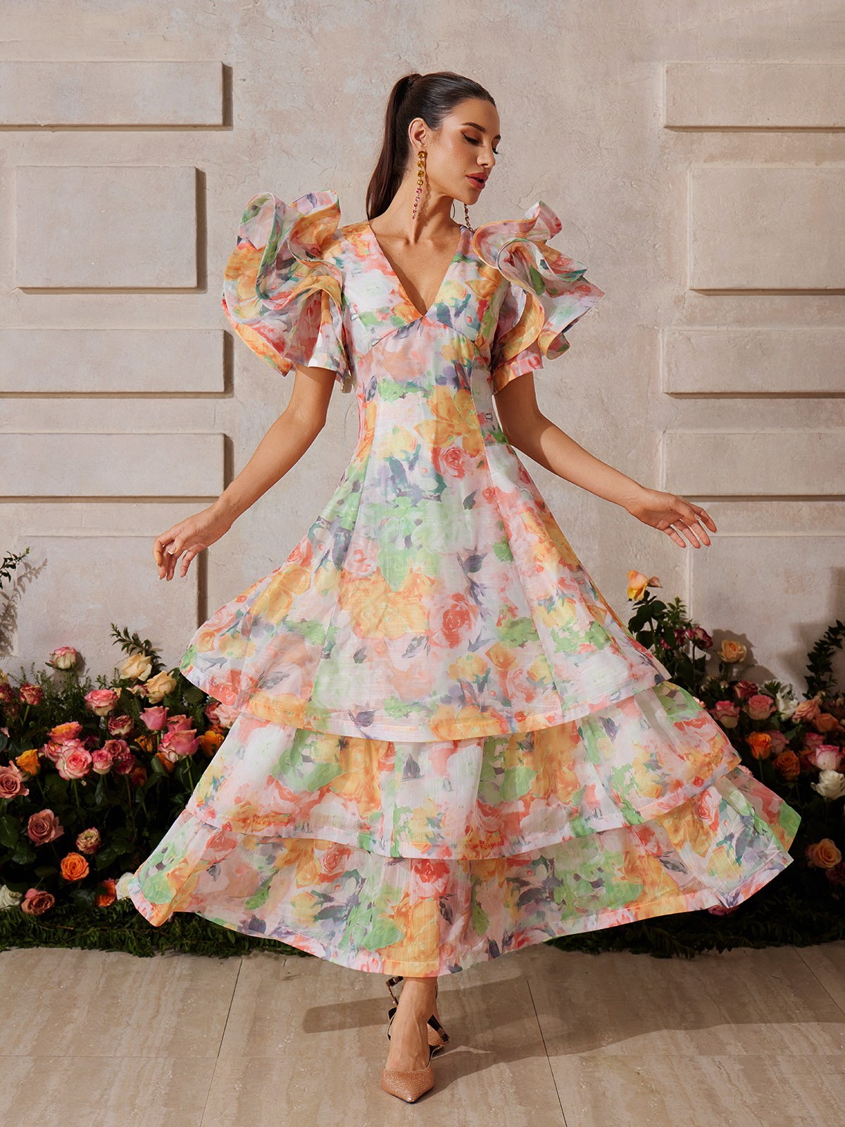 Deep V Floral Print Tiered Maxi Dress