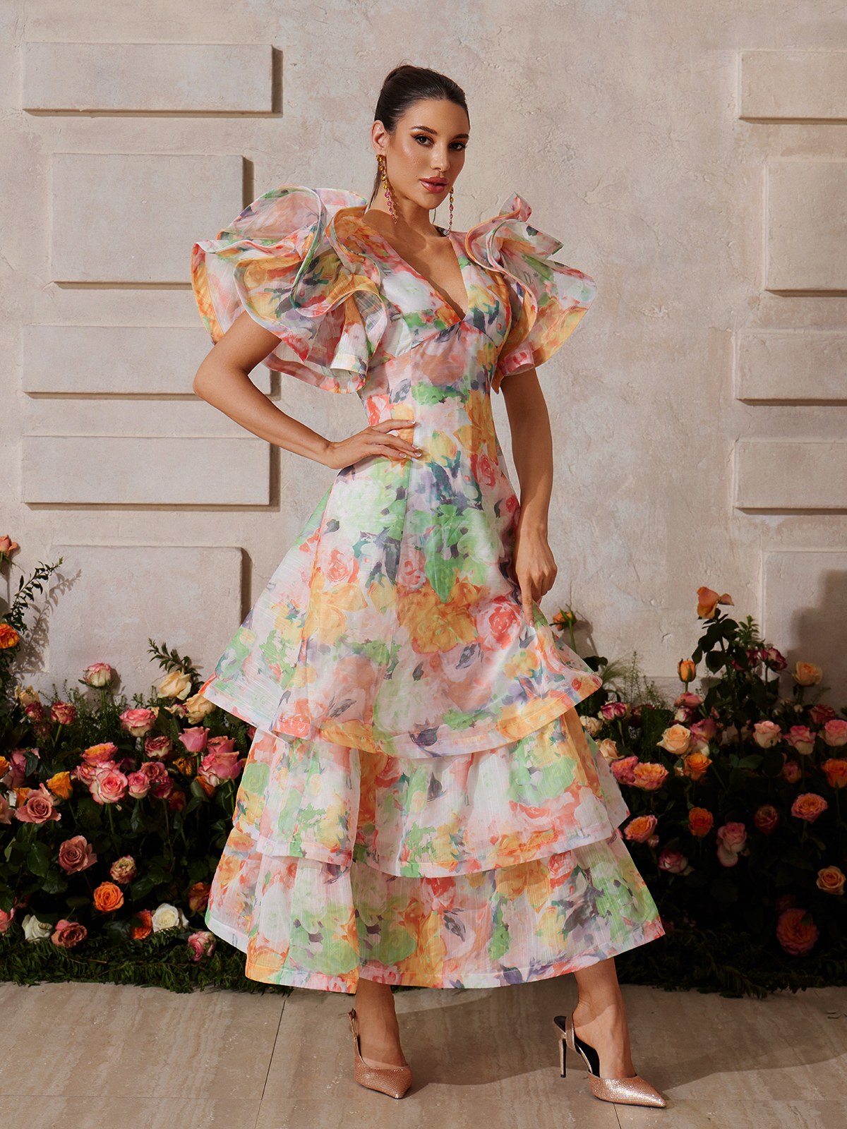 Deep V Floral Print Tiered Maxi Dress