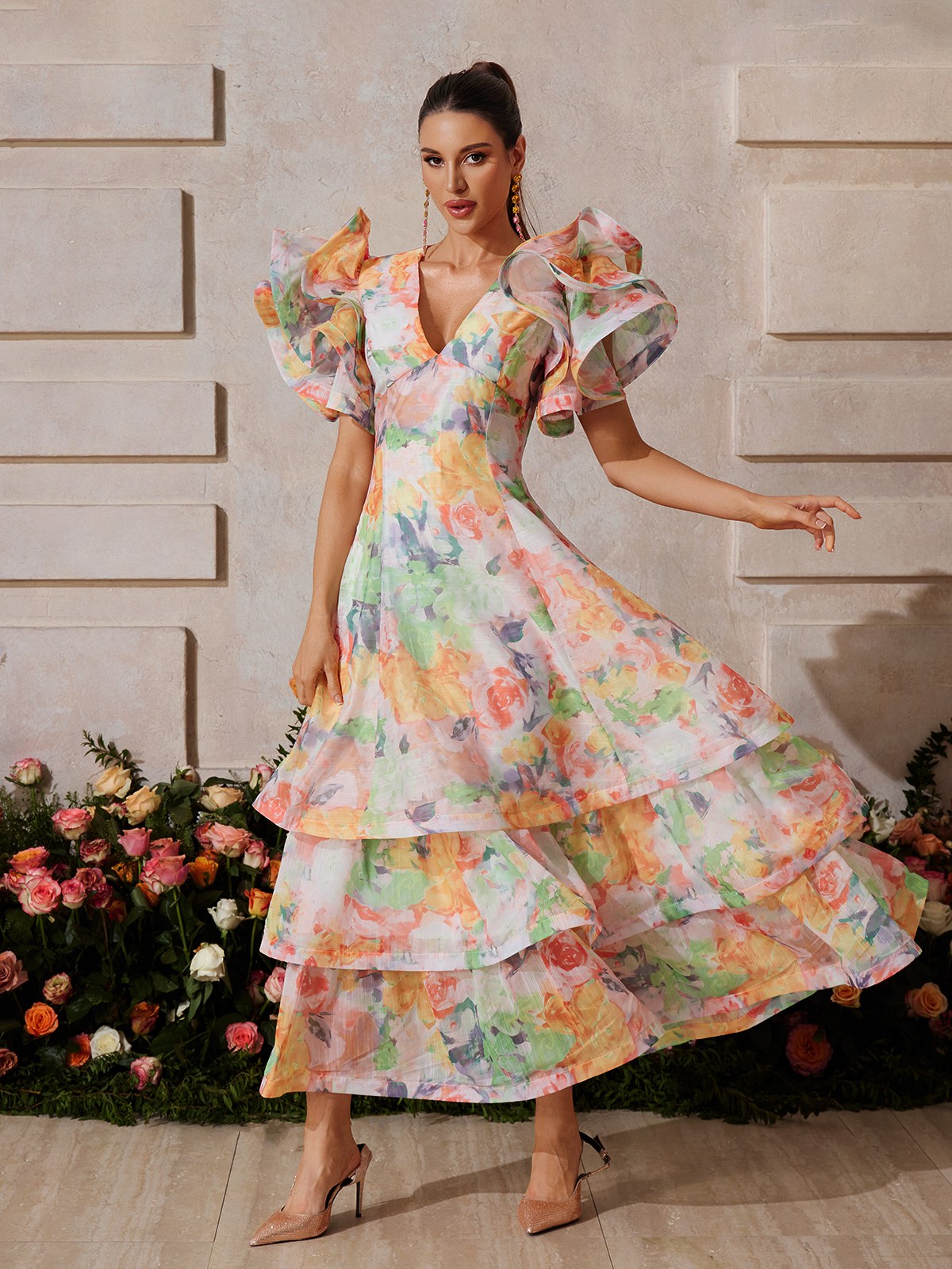 Deep V Floral Print Tiered Maxi Dress