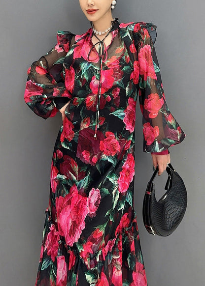 V Neck Ruffle Collar Drawstring Bishop Sleeve Print Tiered Maxi Dress