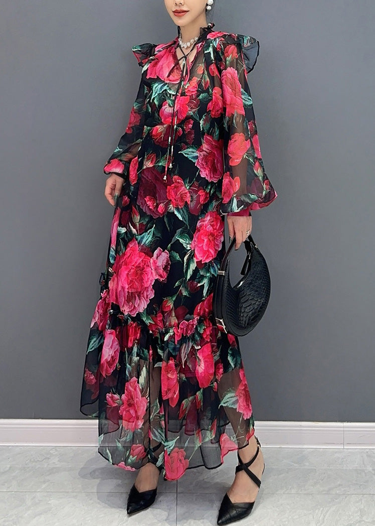 V Neck Ruffle Collar Drawstring Bishop Sleeve Print Tiered Maxi Dress