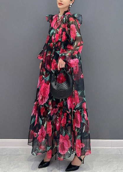 V Neck Ruffle Collar Drawstring Bishop Sleeve Print Tiered Maxi Dress