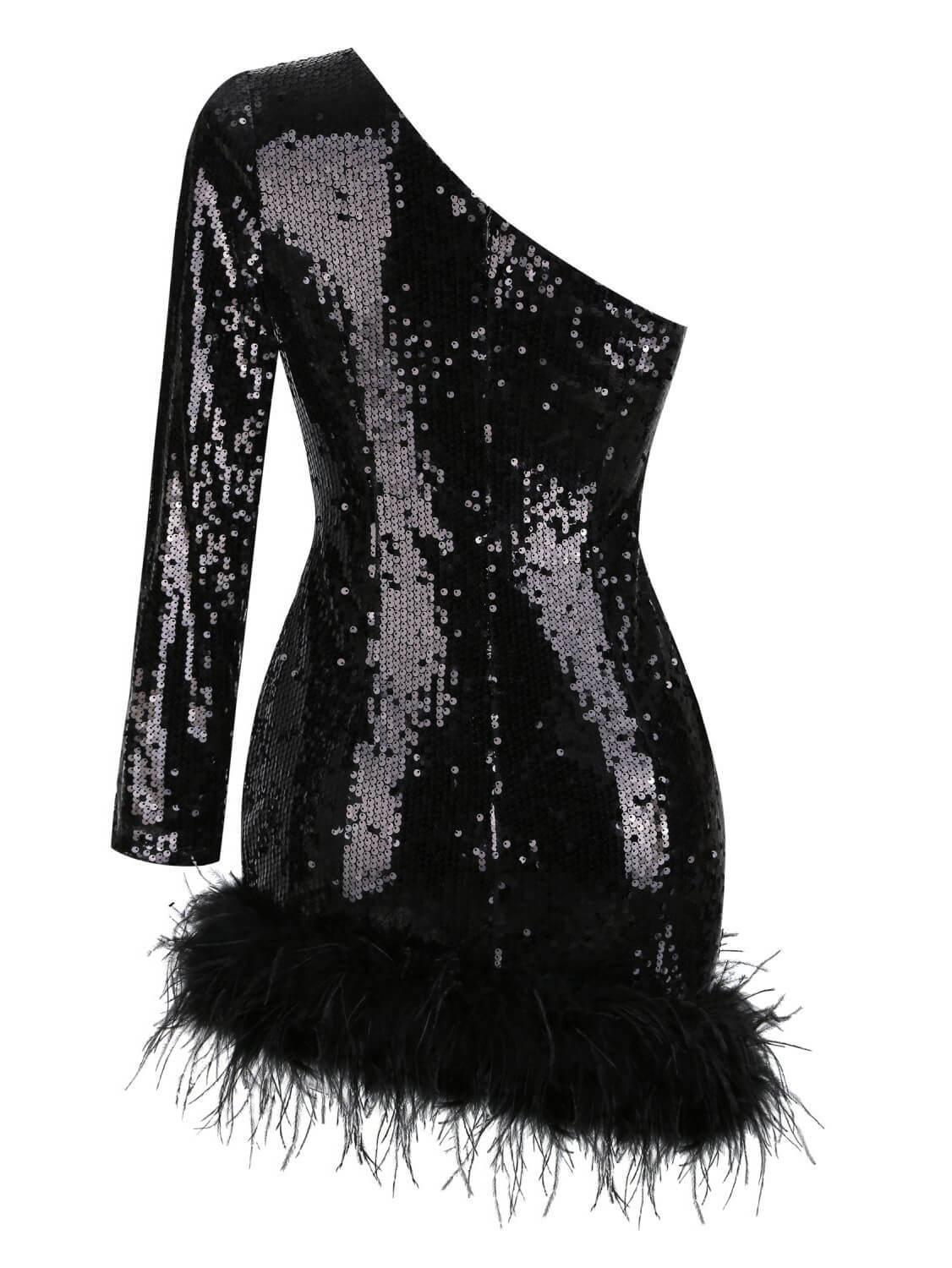 One Shoulder Cutout Sequin Plume Trim Mini Dress